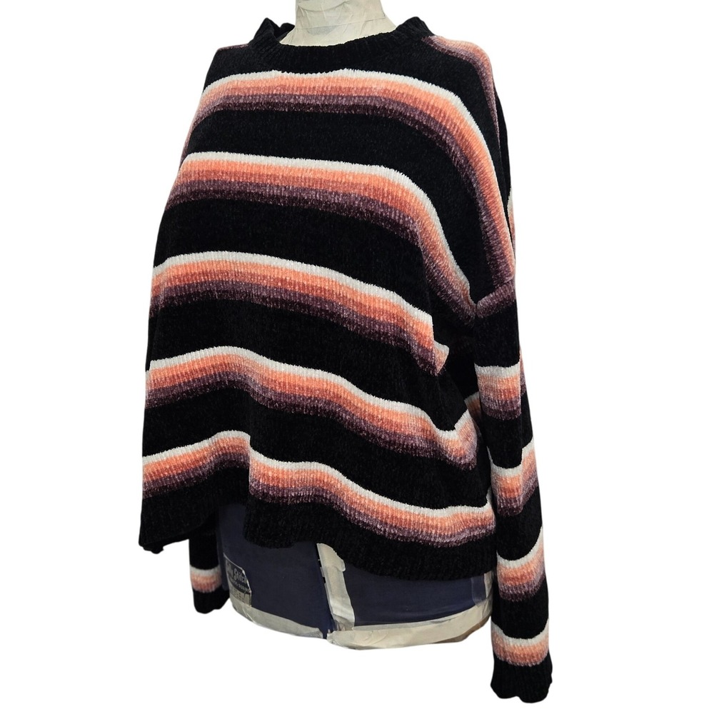 VOLCOM‎ XL 12 Chenille Stripe Sweater Fuzzy Boxy Black Sunset Orange Coral